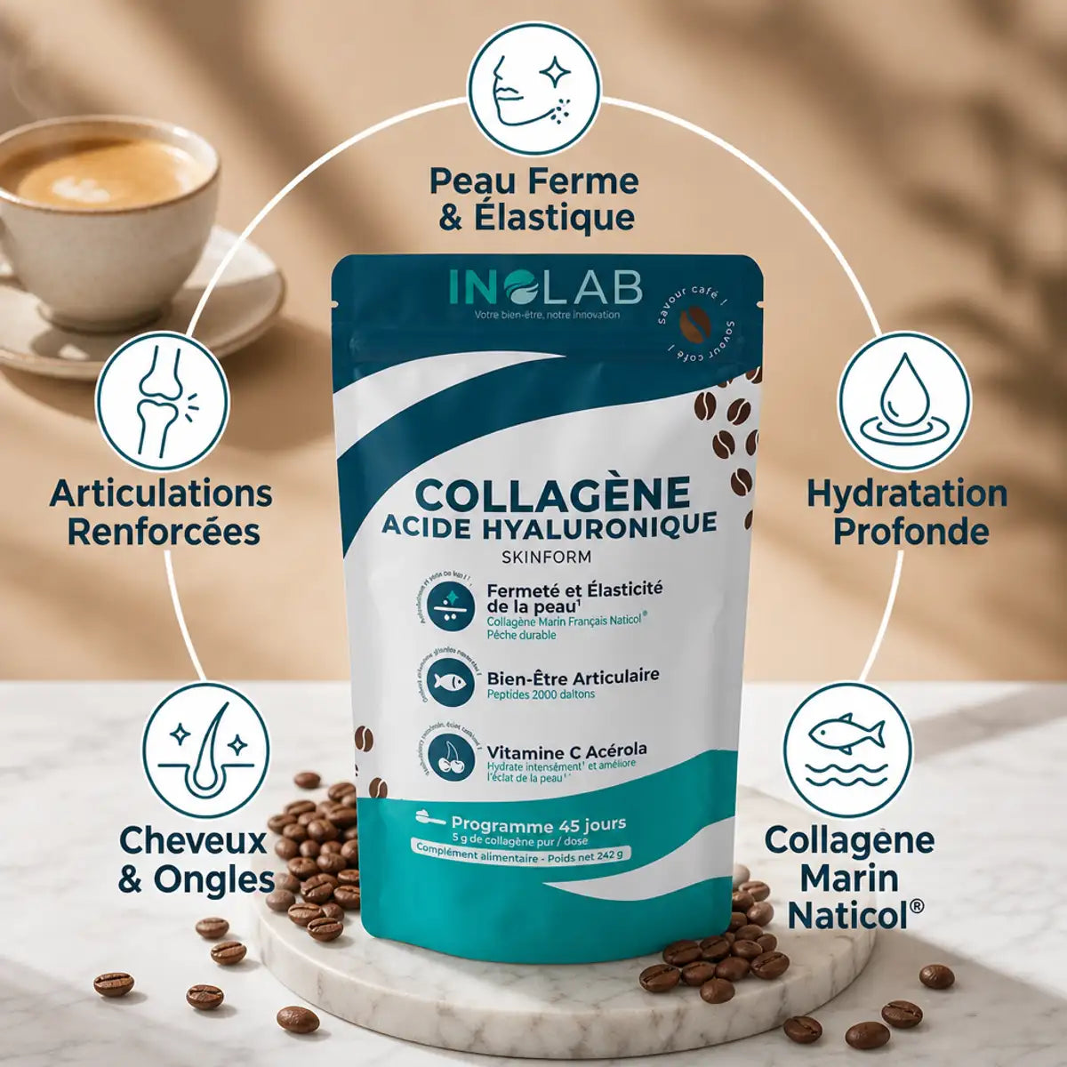 Inolab Skinform collagène marin acide hyaluronique café - bénéfices peau ferme hydratation articulations