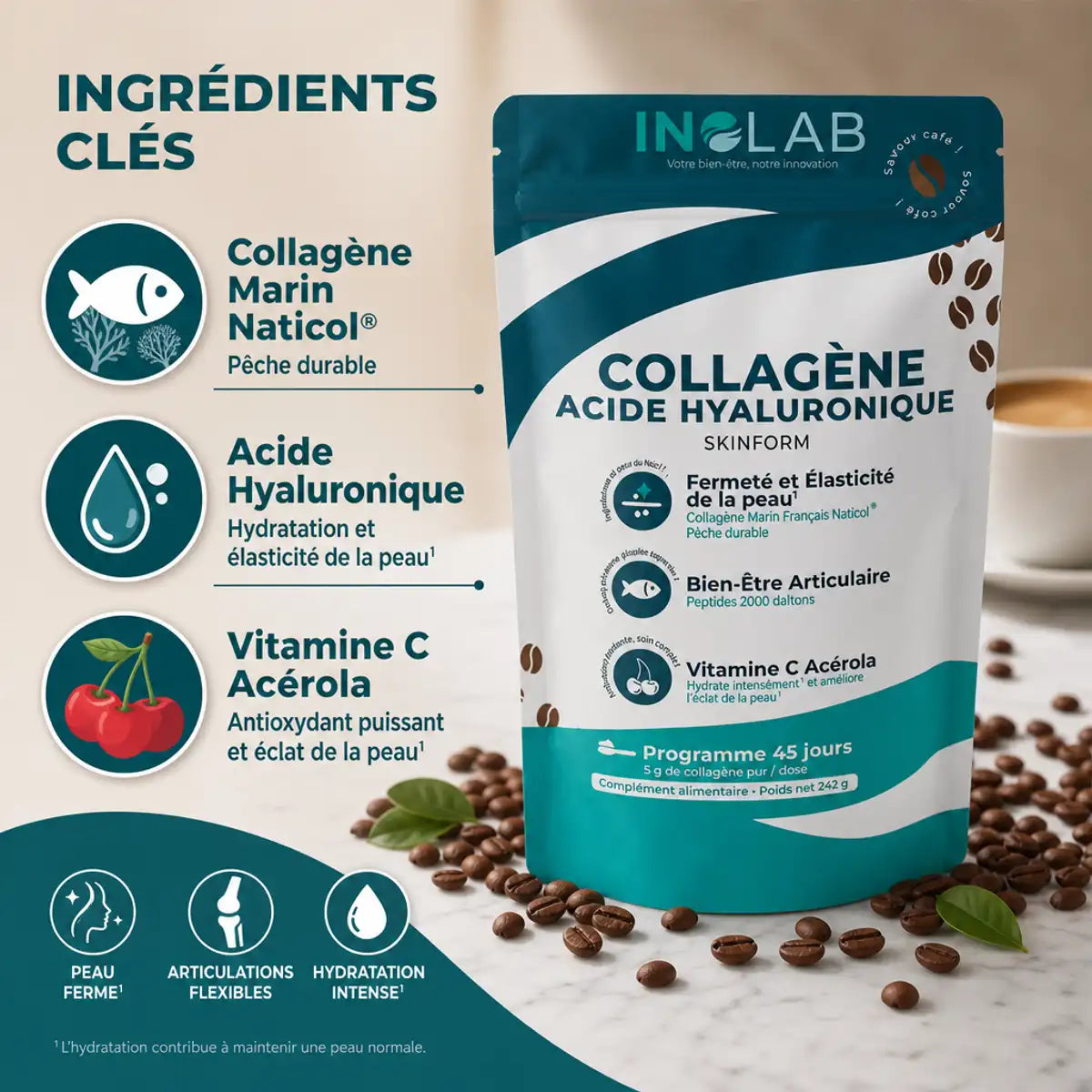 Inolab Skinform collagène marin acide hyaluronique café - emballage teal avec ingrédients clés