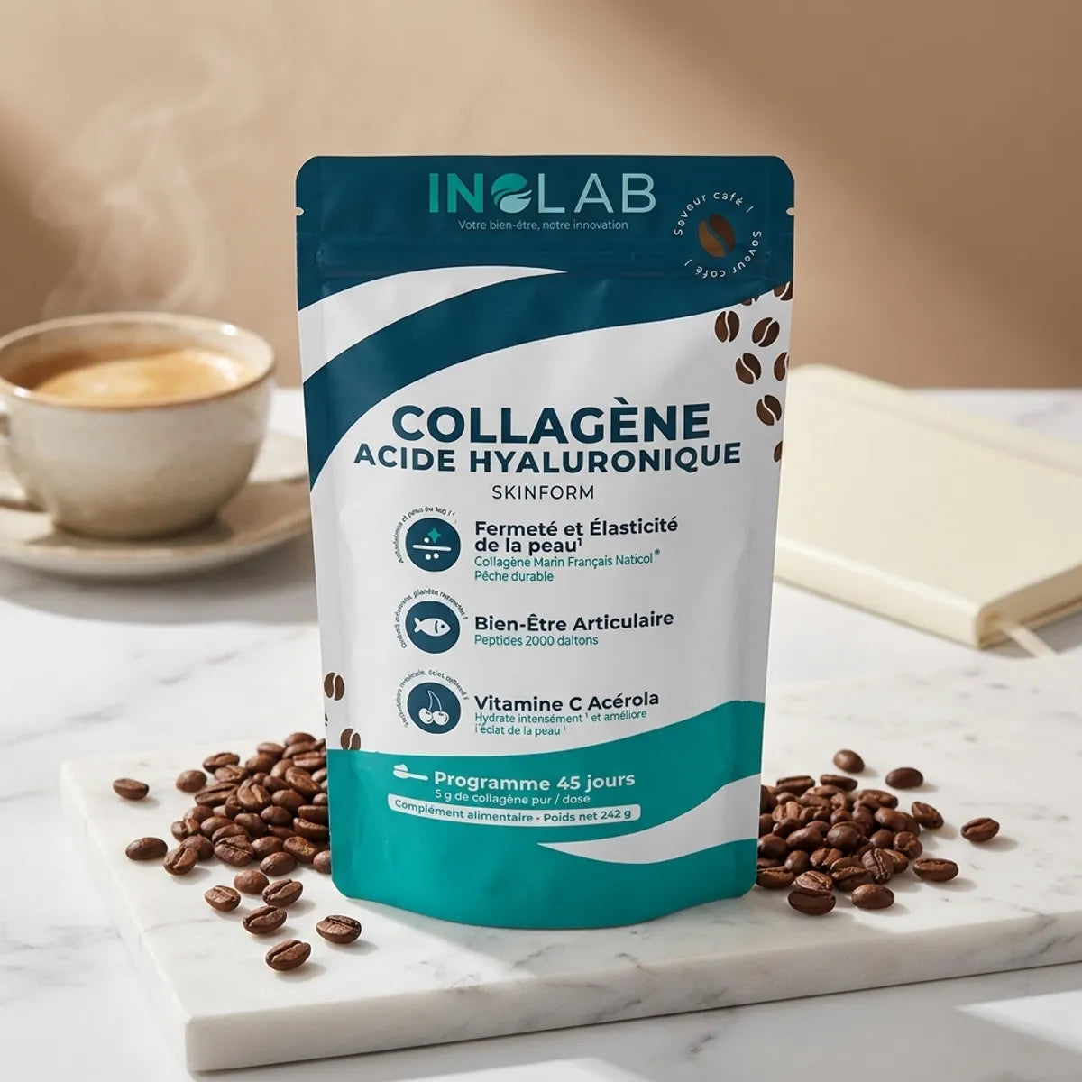 Inolab Skinform collagène marin et acide hyaluronique saveur café sur marbre blanc