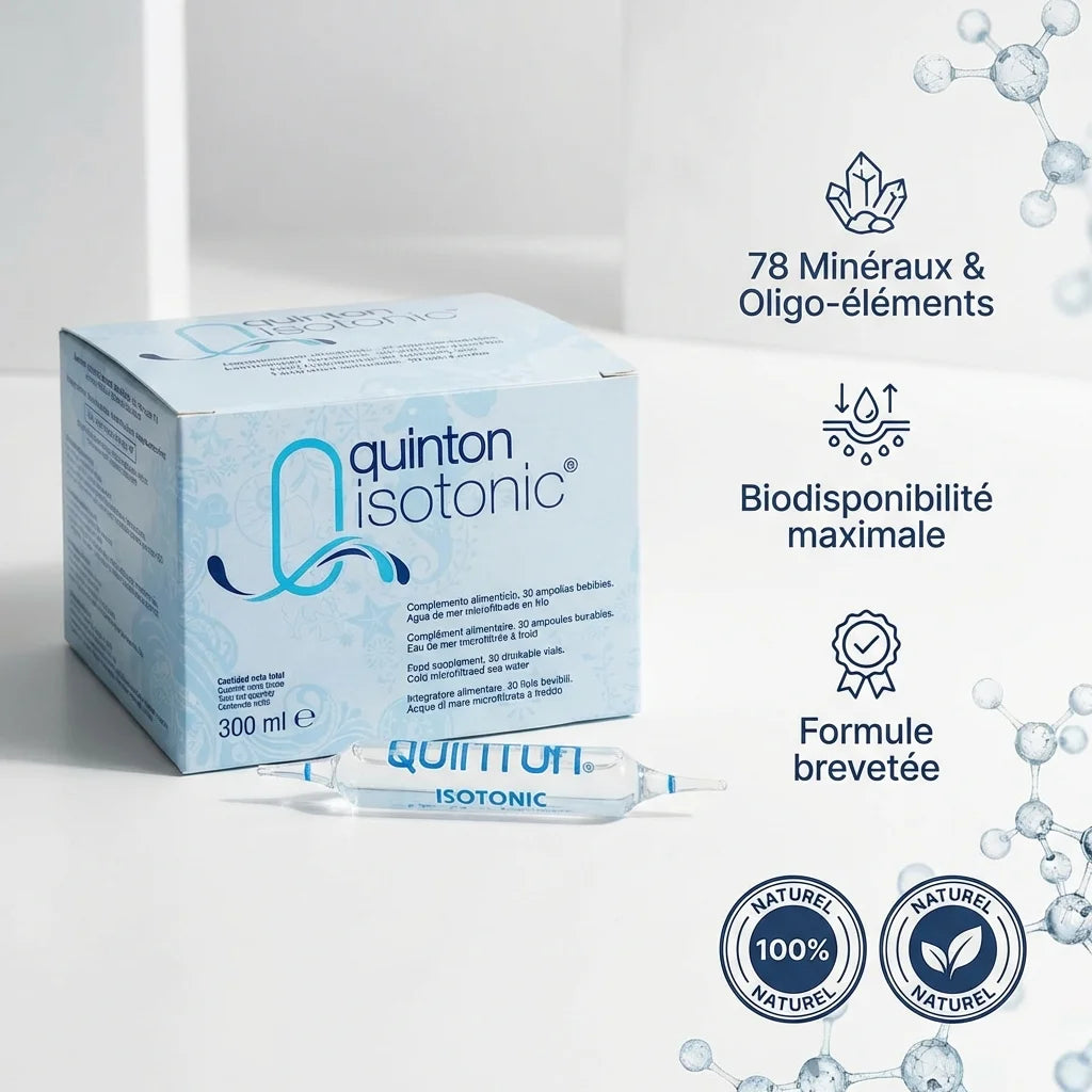 Quinton Isotonic 30 ampoules 10ml - Packaging produit avec 78 minéraux et oligo-éléments naturels