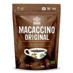 La face avant d'un sachet de Macaccino original avec reishi bio 250 g de la marque Iswari