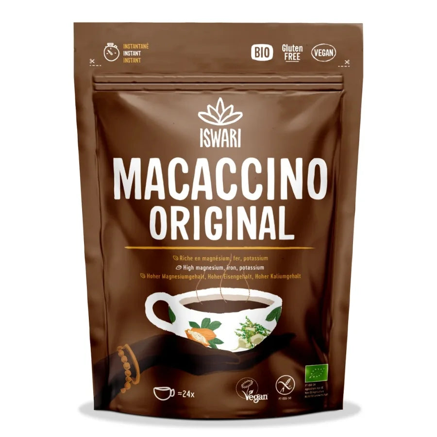 La face avant d'un sachet de Macaccino original avec reishi bio 250 g de la marque Iswari