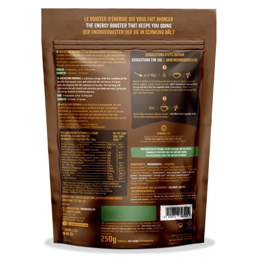 La face arrière d'un sachet de Macaccino original avec reishi bio 250 g de la marque Iswari