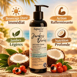 Lait bronzant Jambes Dorées Aquatéal avec infographies bénéfices et ingrédients naturels