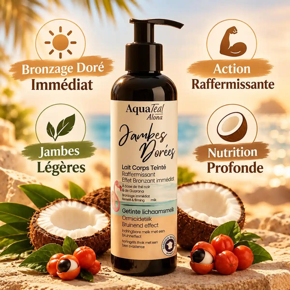 Lait bronzant Jambes Dorées Aquatéal avec infographies bénéfices et ingrédients naturels