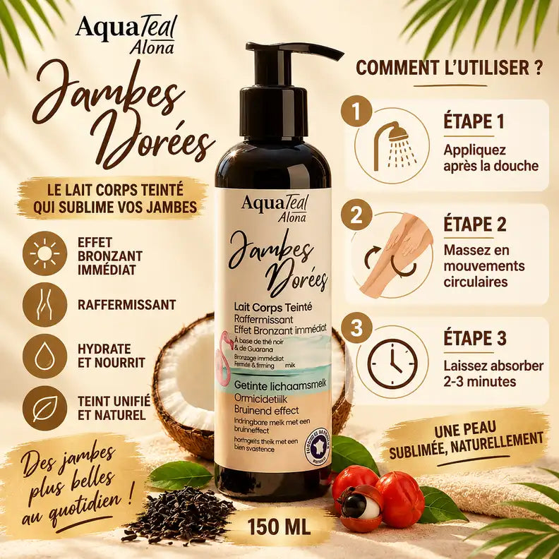 Lait bronzant Jambes Dorées Aquatéal 150ml guide application étapes massage circulaire