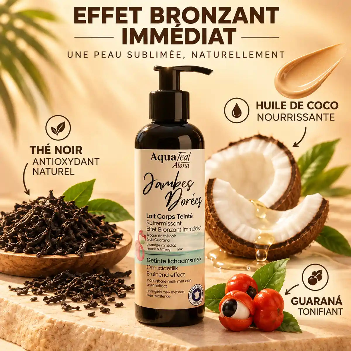 Lait Bronzant Jambes Dorées Aquatéal avec ingrédients naturels thé noir guaraná huile coco