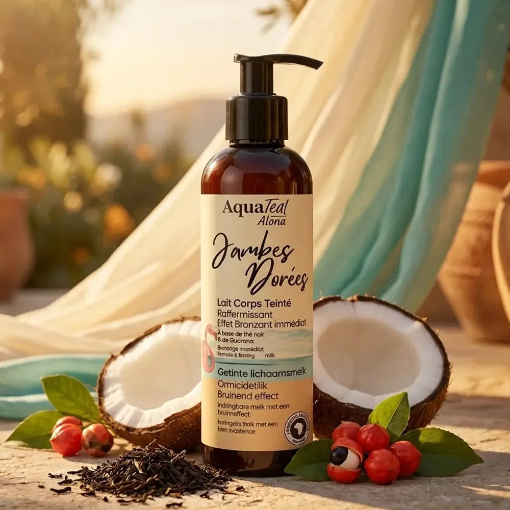 Lait bronzant Jambes Dorées Aquatéal avec noix de coco et guarana sur terrasse méditerranéenne