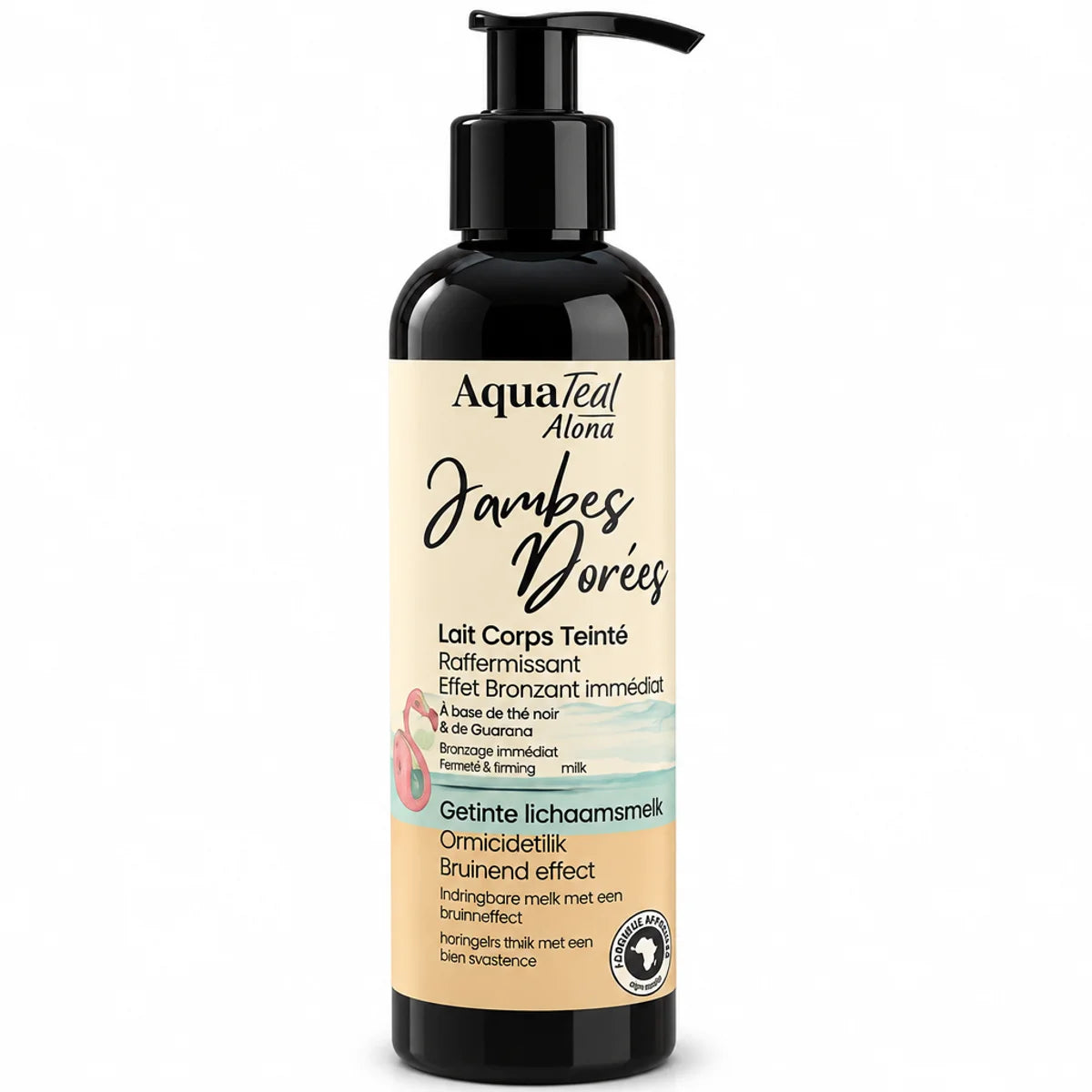 Lait bronzant Aquatéal Jambes Dorées en flacon noir pompe sur fond blanc