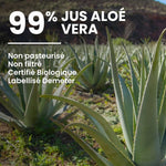 Composition de 99% de pur jus d'aloé vera non pasteurisé, non filtré, bio et labellisé Demeter