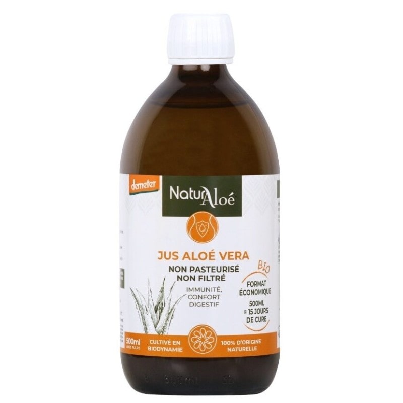 La face avant d'une bouteille de 500ml de Jus d’Aloé Vera Bio &amp; Demeter Naturaloé 
