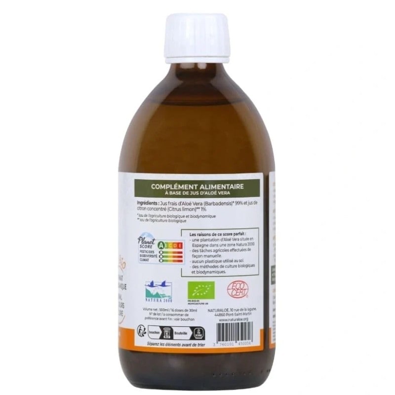 La face arrière d'une bouteille de 500ml de Jus d’Aloé Vera Bio &amp; Demeter Naturaloé 