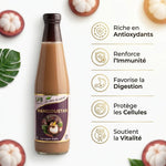 Jus de Mangoustan Bio 500ml SFB avec infographie des 5 bénéfices santé et antioxydants