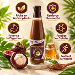 Jus de Mangoustan Bio SFB 500ml avec fruits, feuilles tropicales et bénéfices santé