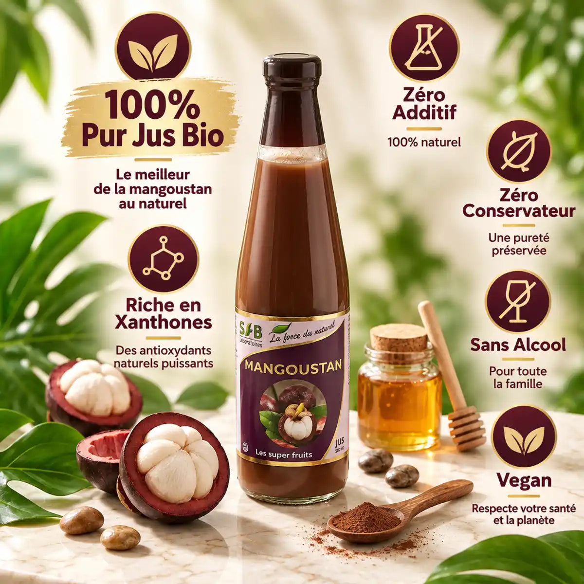 Jus de Mangoustan bio 500ml SFB avec fruit frais, miel et feuilles tropicales sur marbre