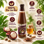Jus de Mangoustan bio 500ml SFB avec fruit frais, miel et feuilles tropicales sur marbre