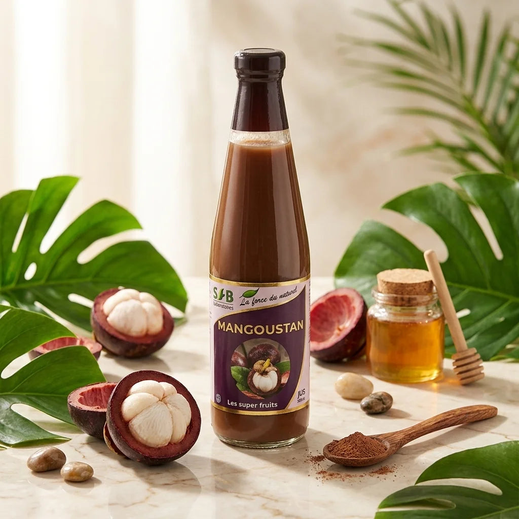 Bouteille Jus de Mangoustan Bio SFB 500ml entourée de fruits frais et feuilles tropicales