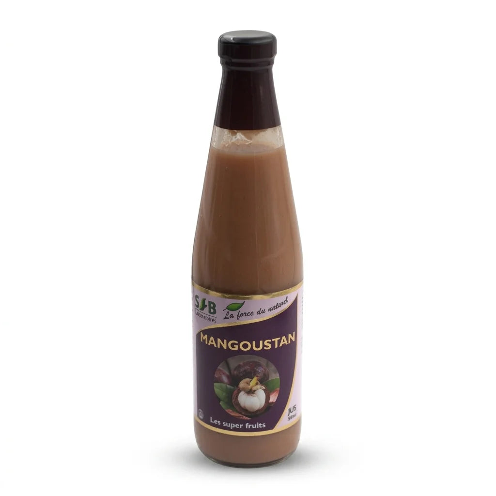 Bouteille de jus de Mangoustan Bio 500ml SFB, étiquette pourpre et or sur fond blanc