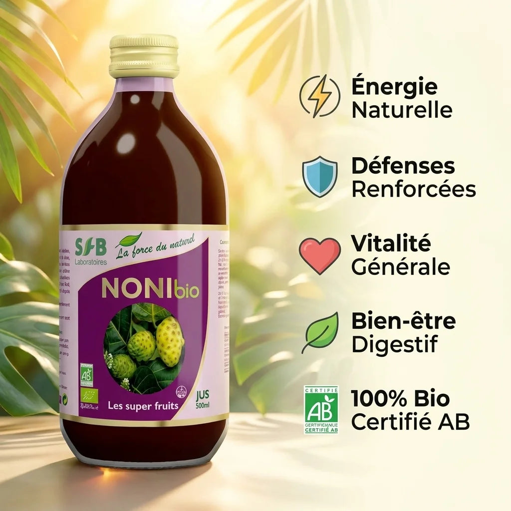 Bouteille Jus de Noni Bio 500ml SFB avec étiquette violette, bénéfices santé et certification AB