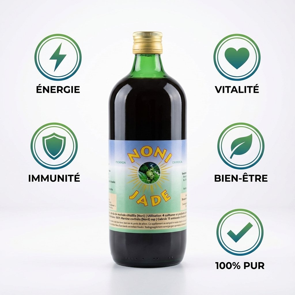 Bouteille Jus de Noni Jade Recherche 1L avec icônes bénéfices : énergie, vitalité, immunité, bien-être