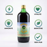 Bouteille Jus de Noni Jade Recherche 1L avec icônes bénéfices : énergie, vitalité, immunité, bien-être