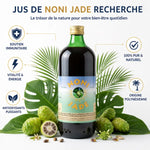 Jus de Noni Jade Recherche 1L avec fruits frais, feuilles tropicales et 5 bienfaits santé illustrés