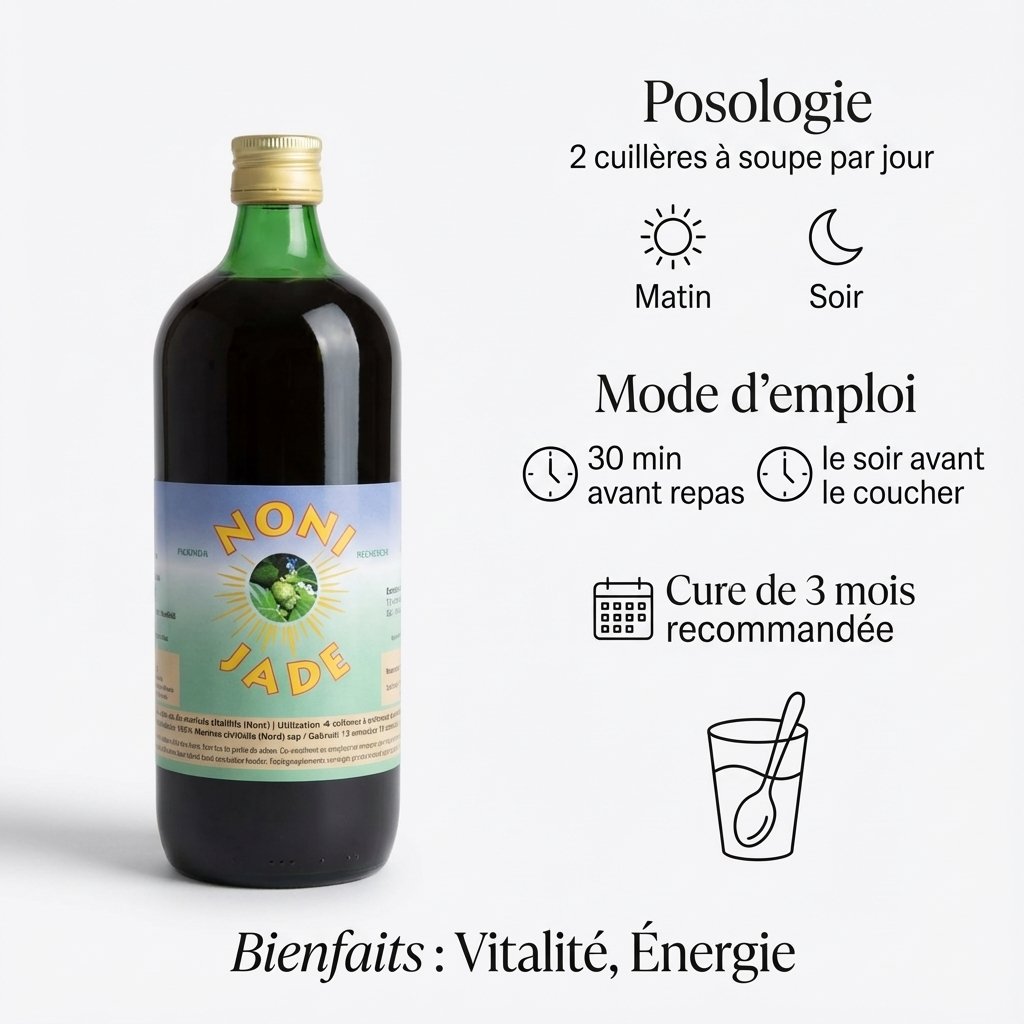 Jus de Noni Jade Recherche 1L avec posologie 2 cuillères à soupe par jour et cure de 3 mois recommandée