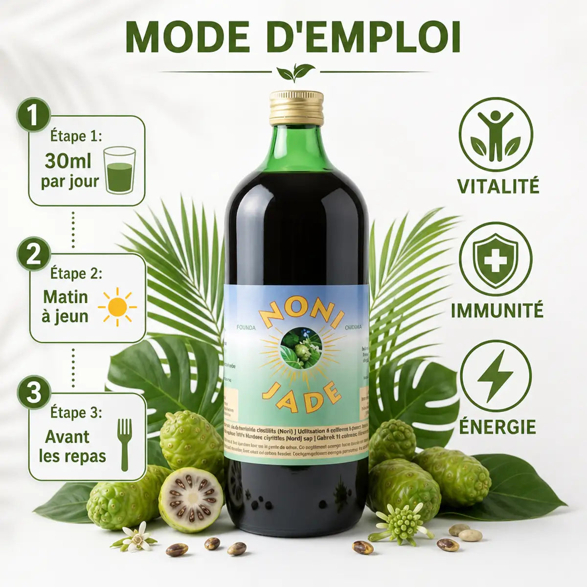 Jus de Noni Jade Recherche 1L avec mode d'emploi : 30ml par jour pour vitalité et immunité