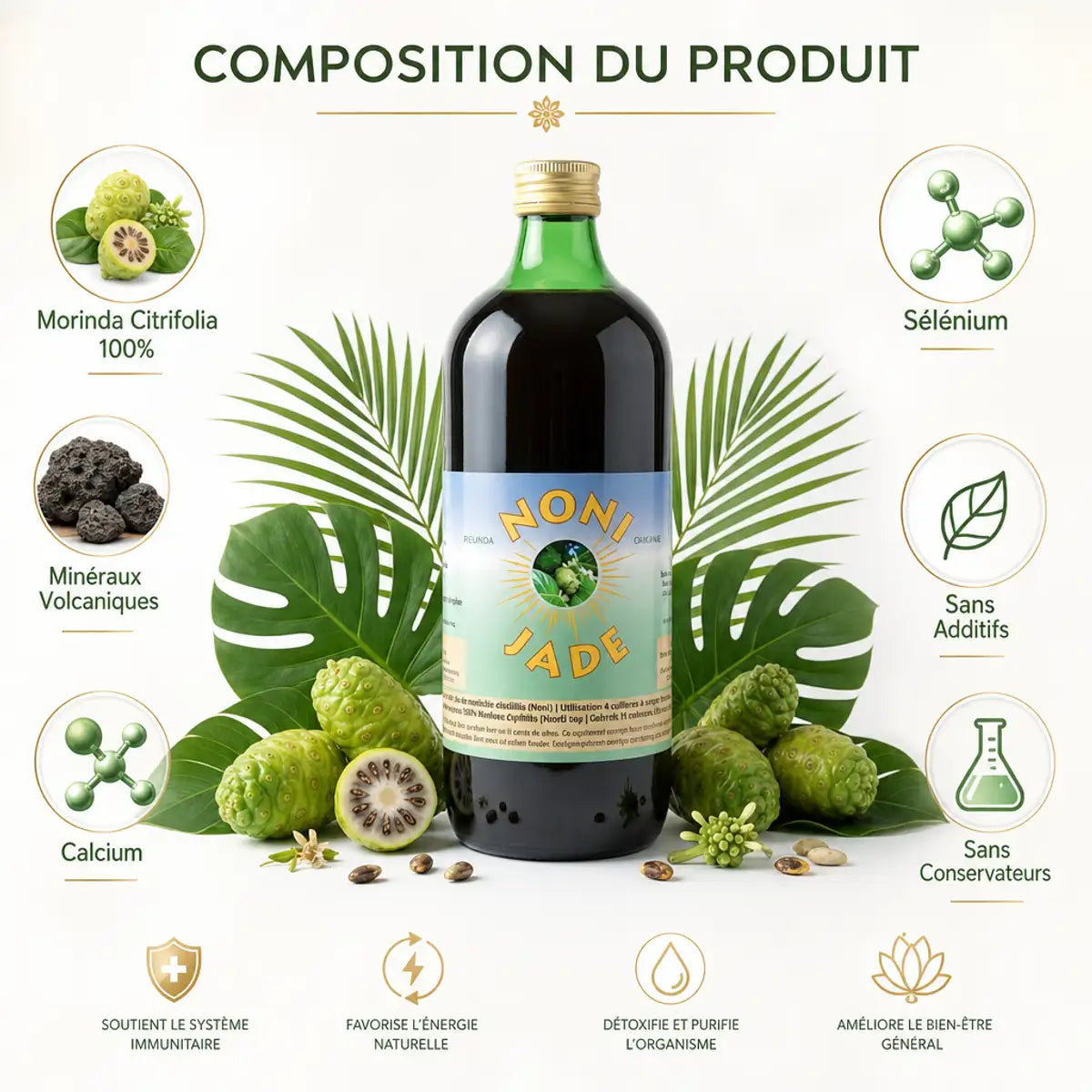 Bouteille Jus de Noni Jade Recherche 1L avec fruits frais, minéraux volcaniques et composition nutritionnelle