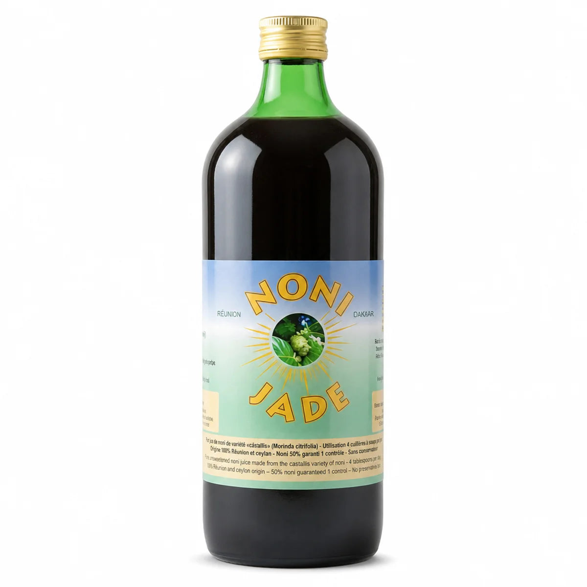 Bouteille de Jus de Noni Jade Recherche 1L avec étiquette bleue et bouchon doré sur fond blanc