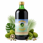Bouteille de jus de Noni Jade Recherche 1L avec étiquette bleue et dorée sur fond blanc