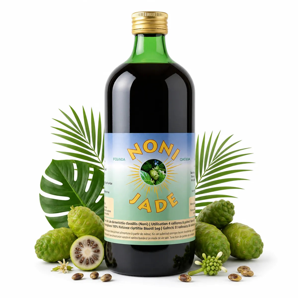 Bouteille de jus de Noni Jade Recherche 1L avec étiquette bleue et dorée sur fond blanc