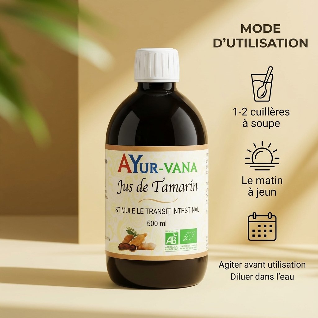 Jus de Tamarin Bio AyurVana 500ml avec mode d'utilisation et dosage recommandé