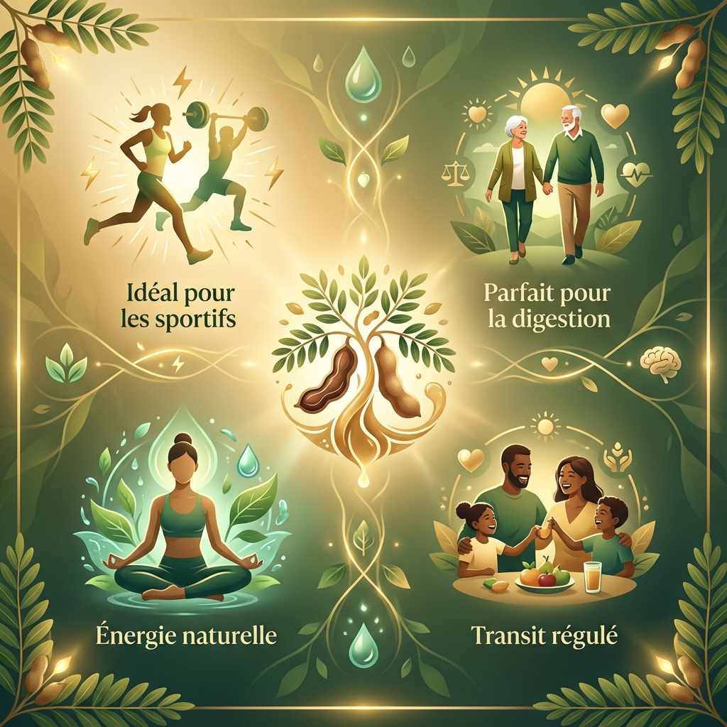 Jus de Tamarin Bio AyurVana 500ml - Infographie wellness pour sportifs, digestion et énergie naturelle