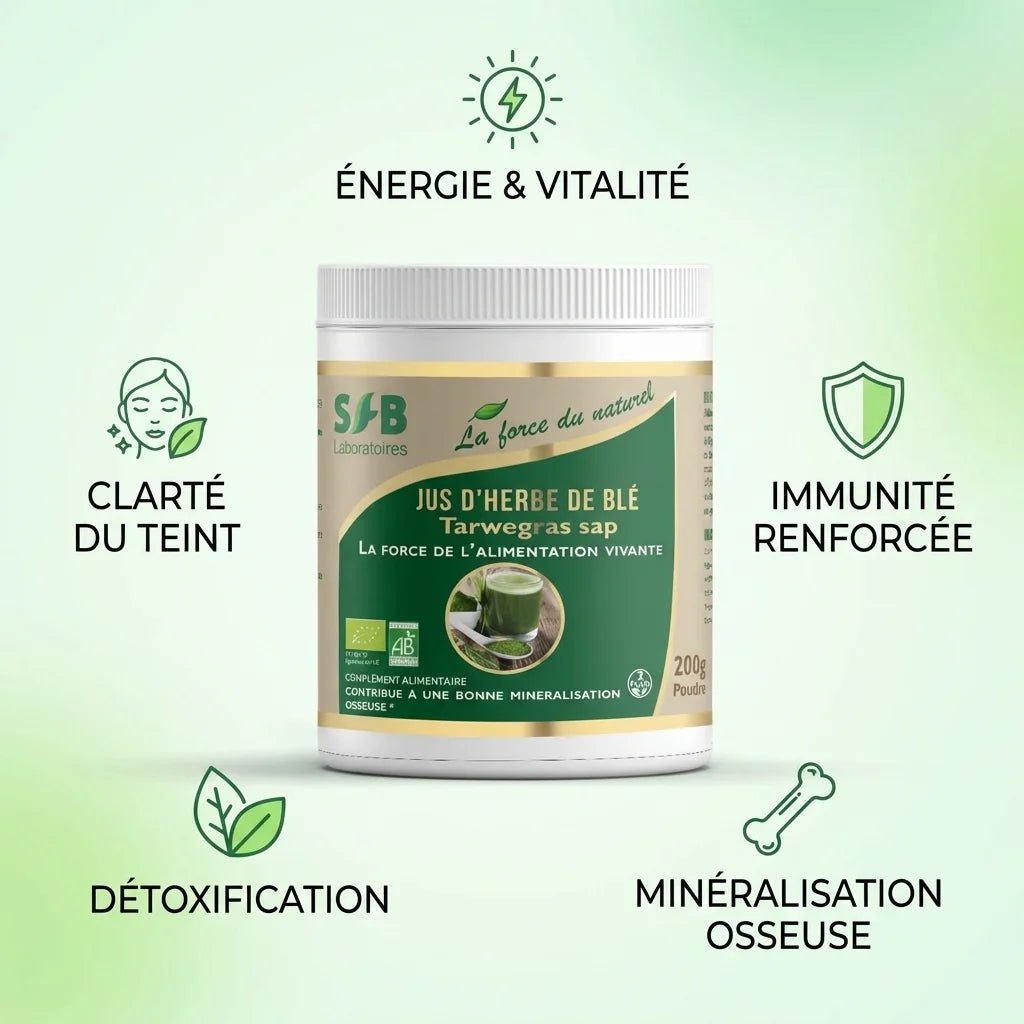 Jus d'herbe de blé bio SFB 200g avec bénéfices : énergie, immunité, détoxification et minéralisation