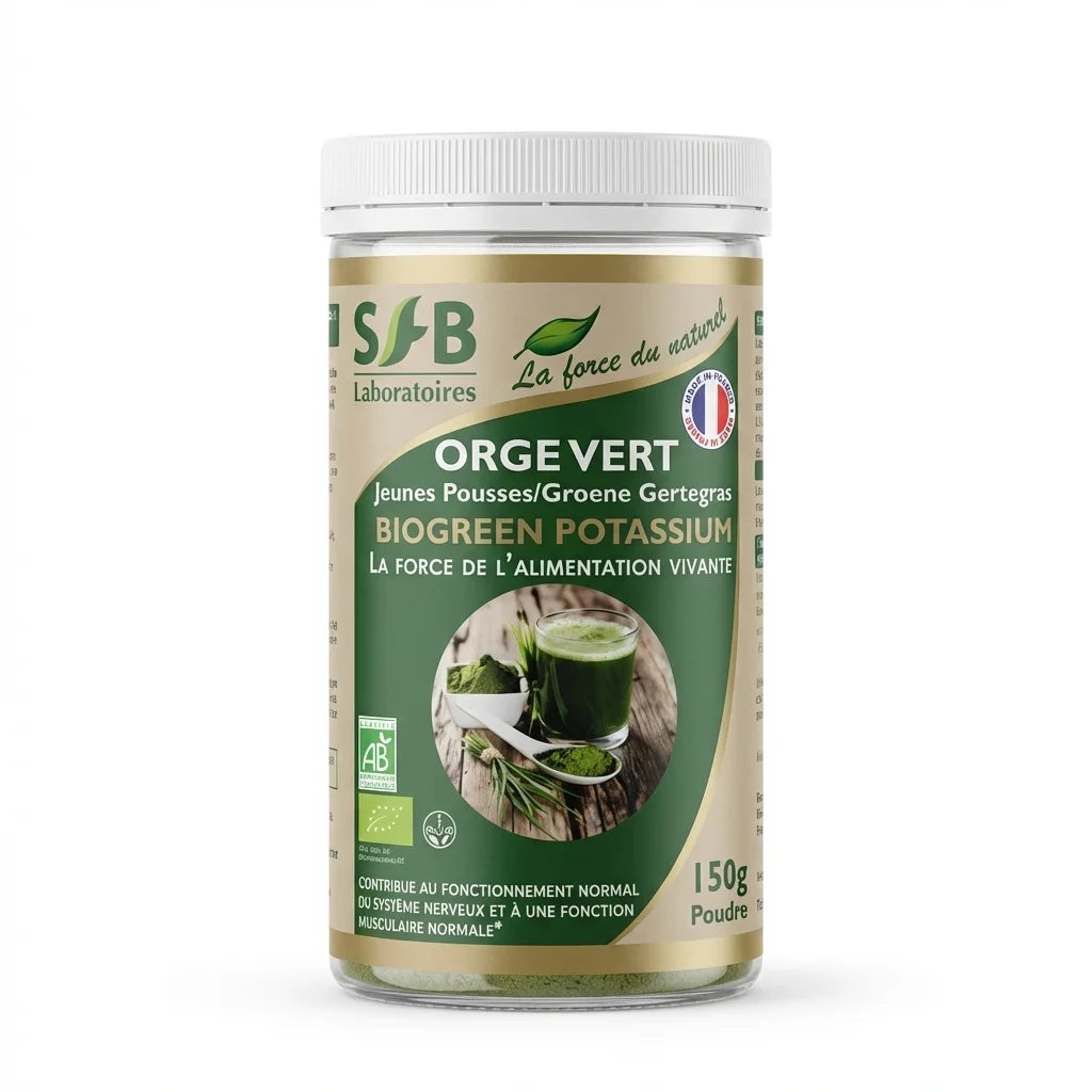 Jus d'herbe d'Orge bio 150g SFB Laboratoires en pot verre avec étiquette verte
