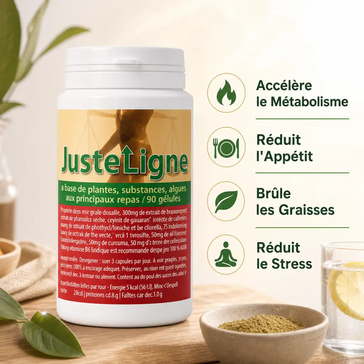 Justeligne complément alimentaire 90 gélules - bouteille avec bénéfices métabolisme appétit graisse stress