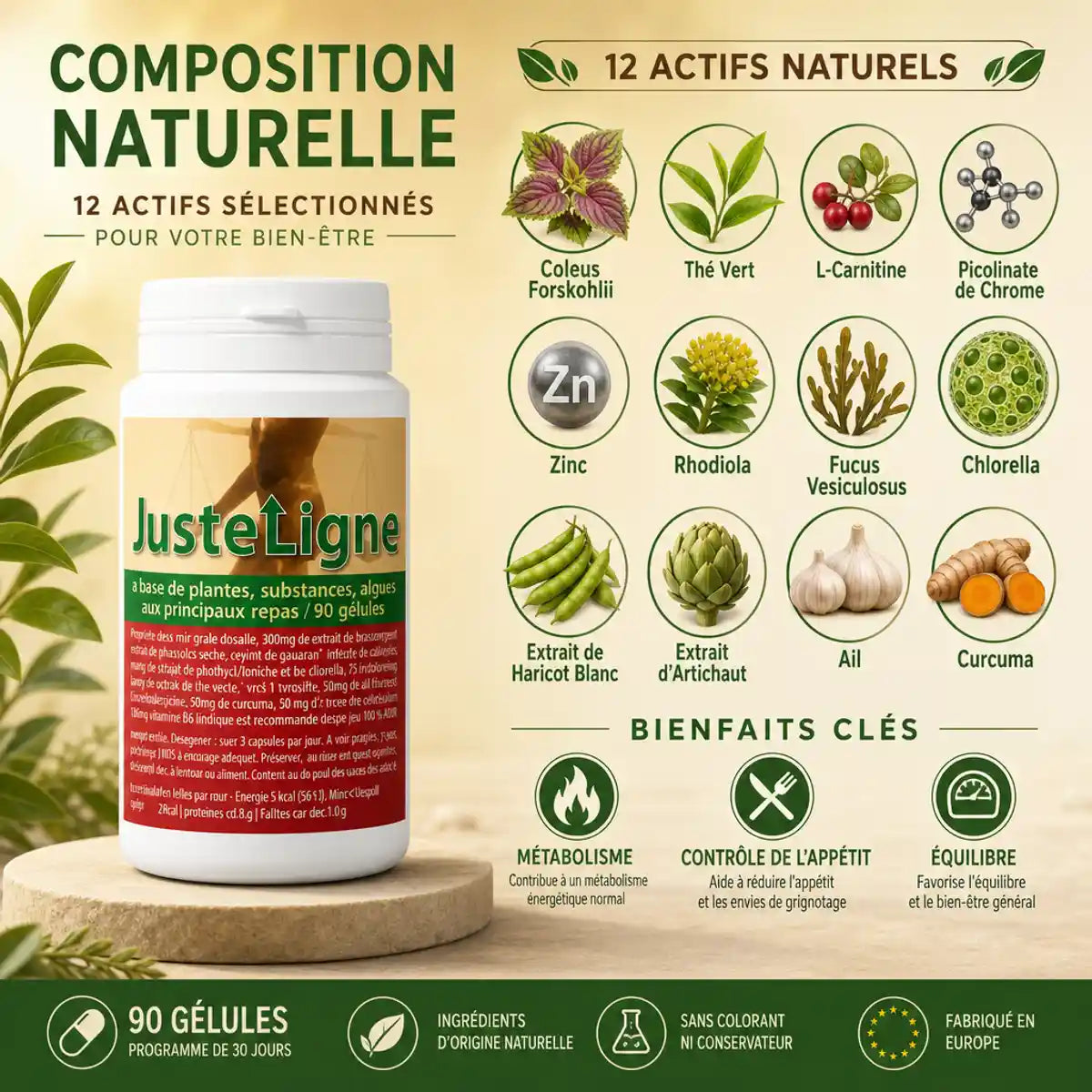 Justeligne 90 gélules - Flacon blanc avec composition naturelle et 12 ingrédients actifs pour l'équilibre du poids