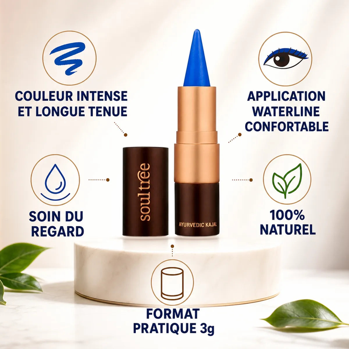 Kajal Bleu Jodhpur 005 Soultree avec icônes bénéfices : couleur intense, application confortable, soin naturel