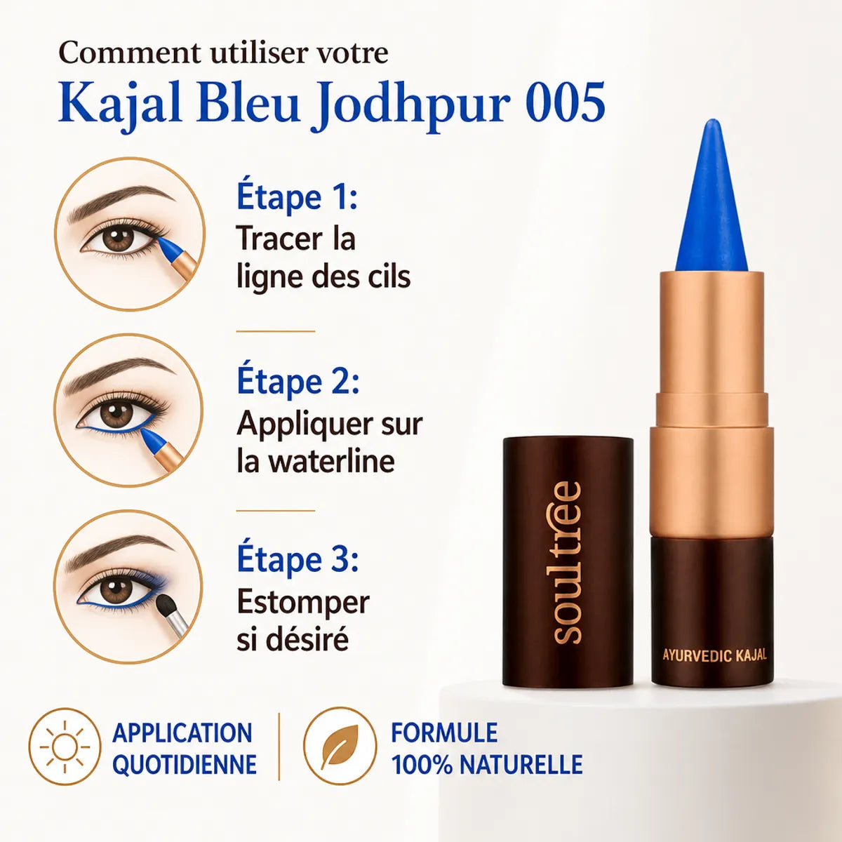 Kajal Bleu Jodhpur 005 Soultree avec guide d'application en 3 étapes, formule naturelle