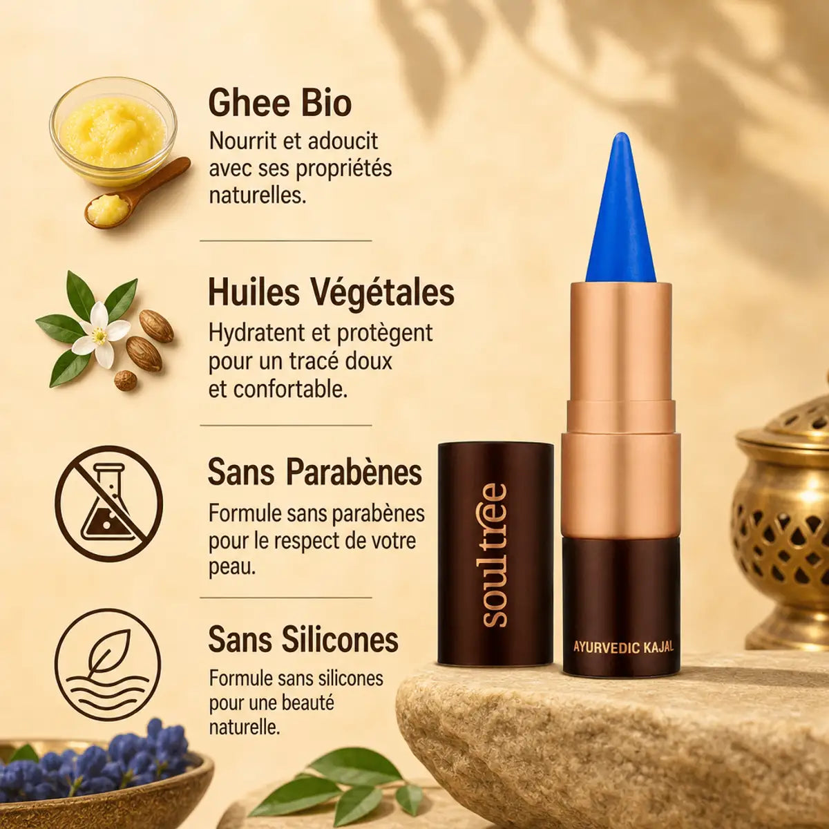 Kajal Bleu Jodhpur 005 Soultree avec ingrédients bio : ghee, huiles végétales, sans parabènes ni silicones