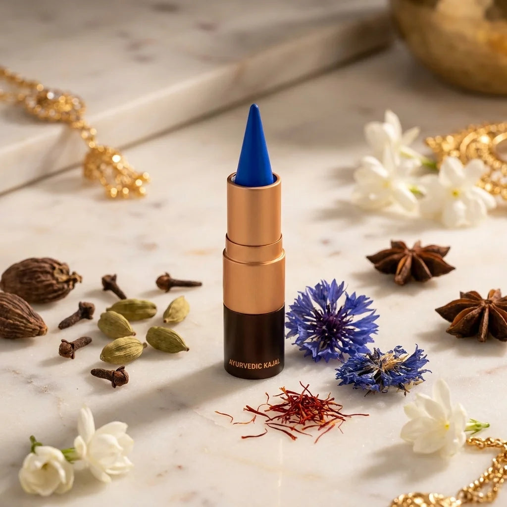 Kajal Bleu Jodhpur 005 Soultree sur marbre avec fleurs de jasmin et épices indiennes