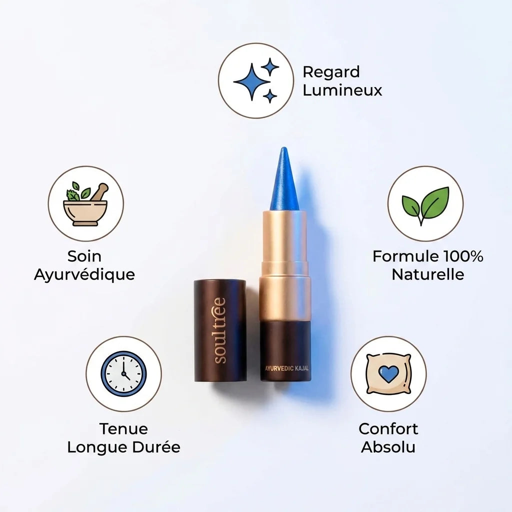 Kajal Bleu Varkala 006 Soultree avec icônes bénéfices naturels et formule ayurvédique