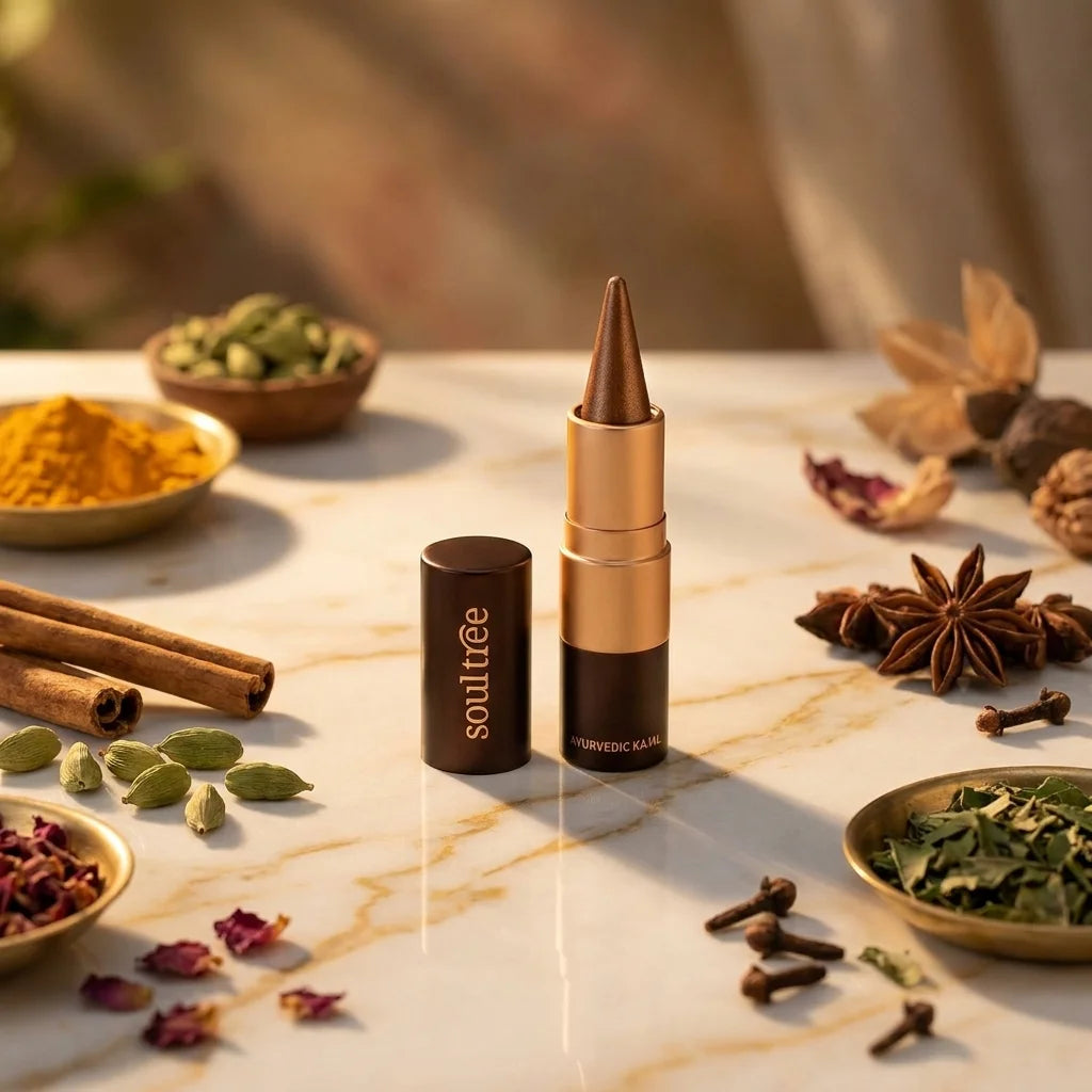 Kajal Bronze Kerala 009 Soultree sur marbre avec épices, packaging et éclairage doré