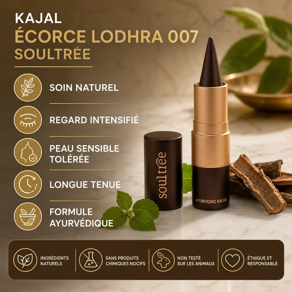 Kajal Écorce Lodhra 007 SoulTree avec bénéfices Ayurvédiques naturels et longue tenue