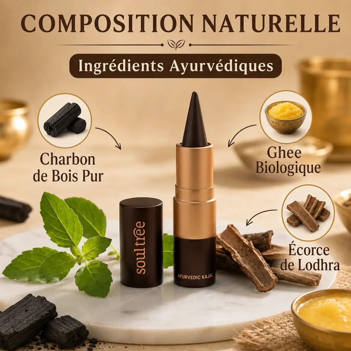 Kajal Écorce Lodhra 007 SoulTree avec ingrédients naturels ayurvédiques et charbon pur sur marbre luxe