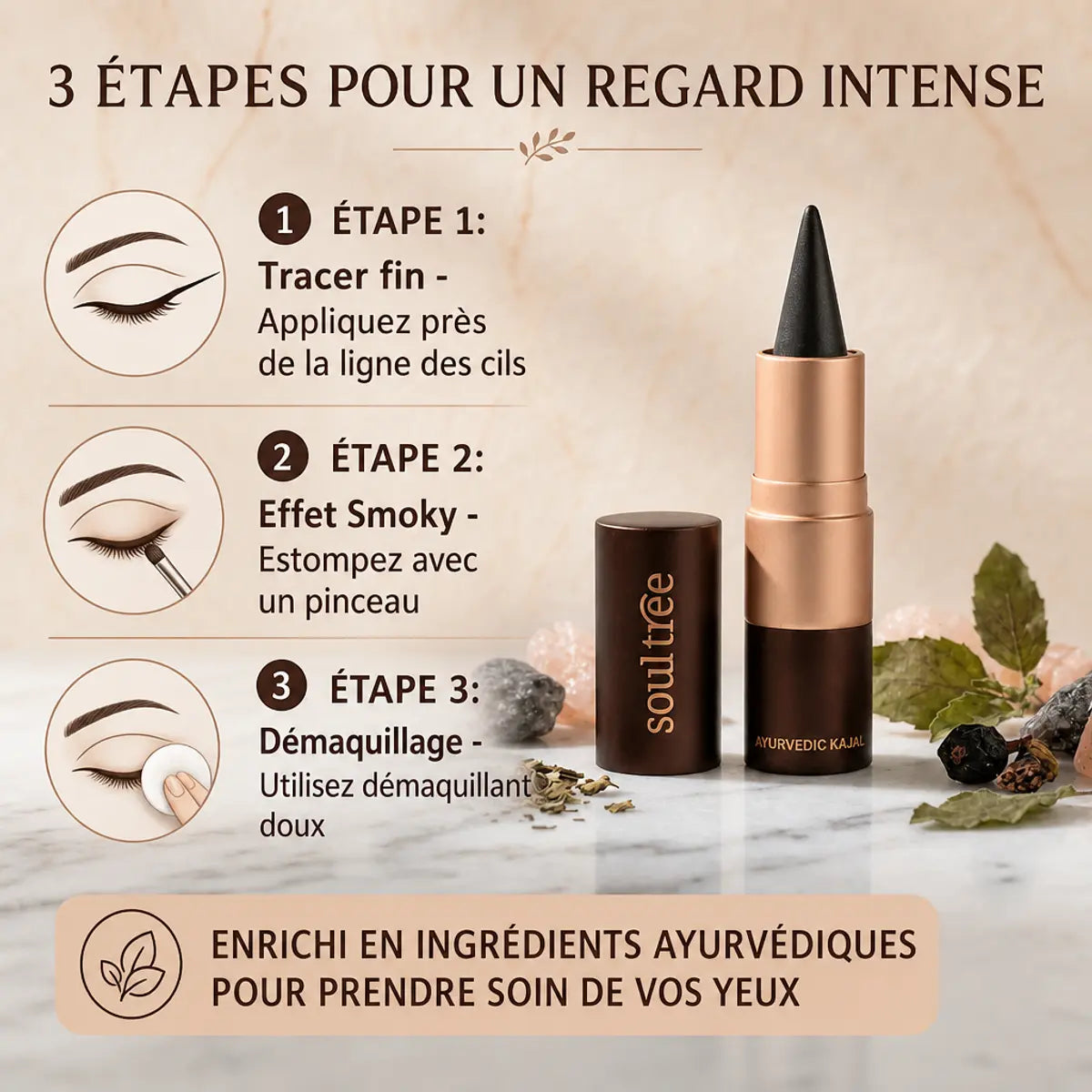 Kajal Granite Himalaya 004 Soultree - Crayon eyeliner noir avec guide d'application étapes