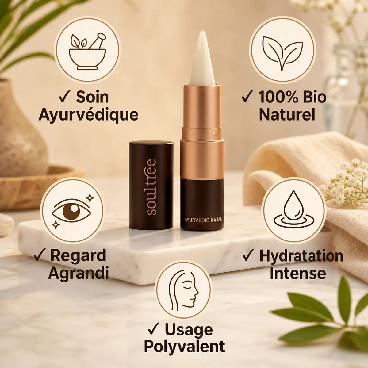 Kajal Soultree incolore 101 ayurvédique bio naturel avec bénéfices beauté et wellness