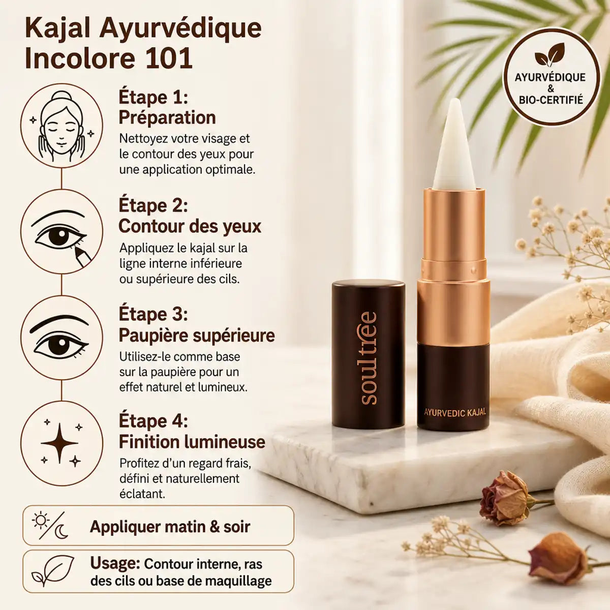 Kajal Incolore Soultree 101 avec guide application 4 étapes et instructions utilisation