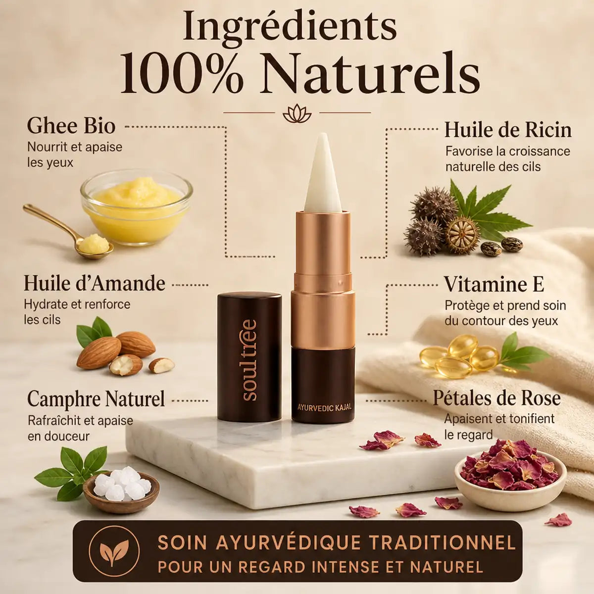 Kajal Incolore Soultree avec ingrédients naturels et ghee bio sur marbre blanc